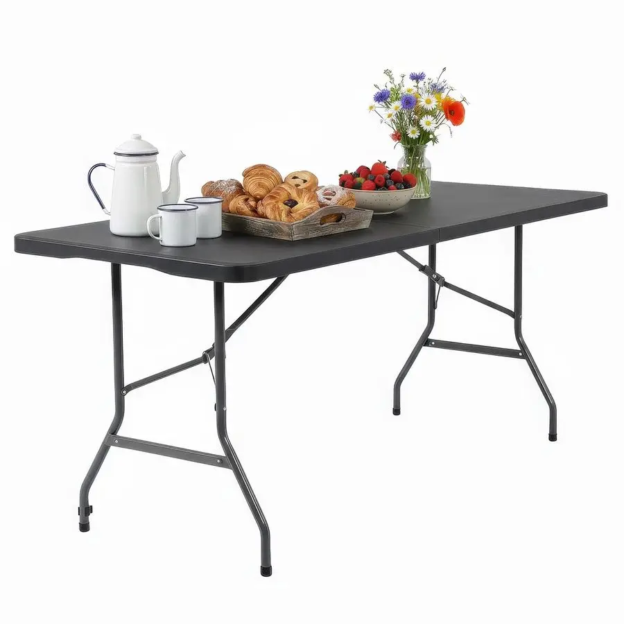 

6FT Folding Table, Portable FoldinHalf Plastic Picnic Party Table with Carrying Handle Black, 6FT