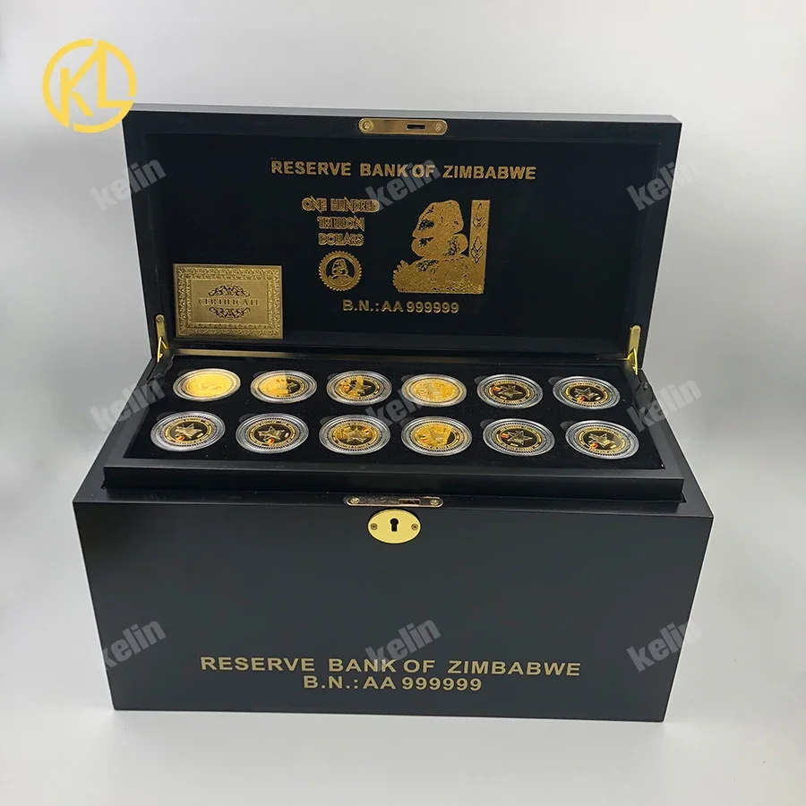 Free Fedex Shipping 216pcs Gold plated Metal Zimbabw Banknote Coin wooden box set with certificates for VIP Clients Gifts