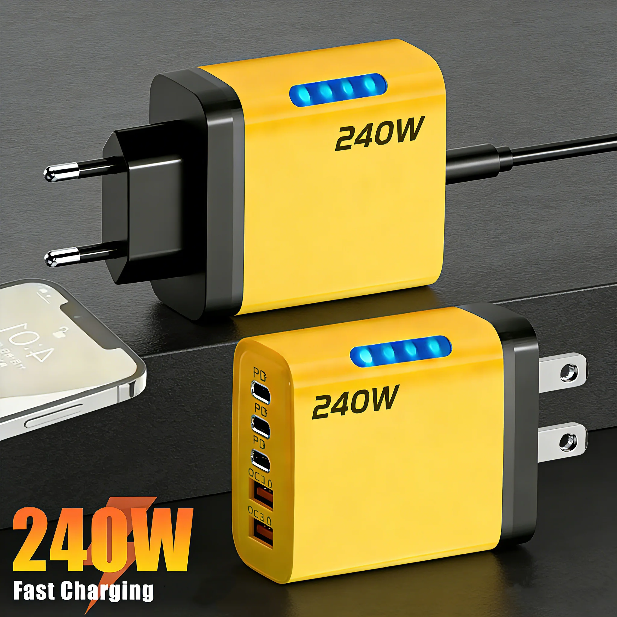 

240W Universal Mobile Phone Charger GaN Technology Fast Charging PD+USB Type C Port Multi-Functional Wall Power Adapter EU/US/UK