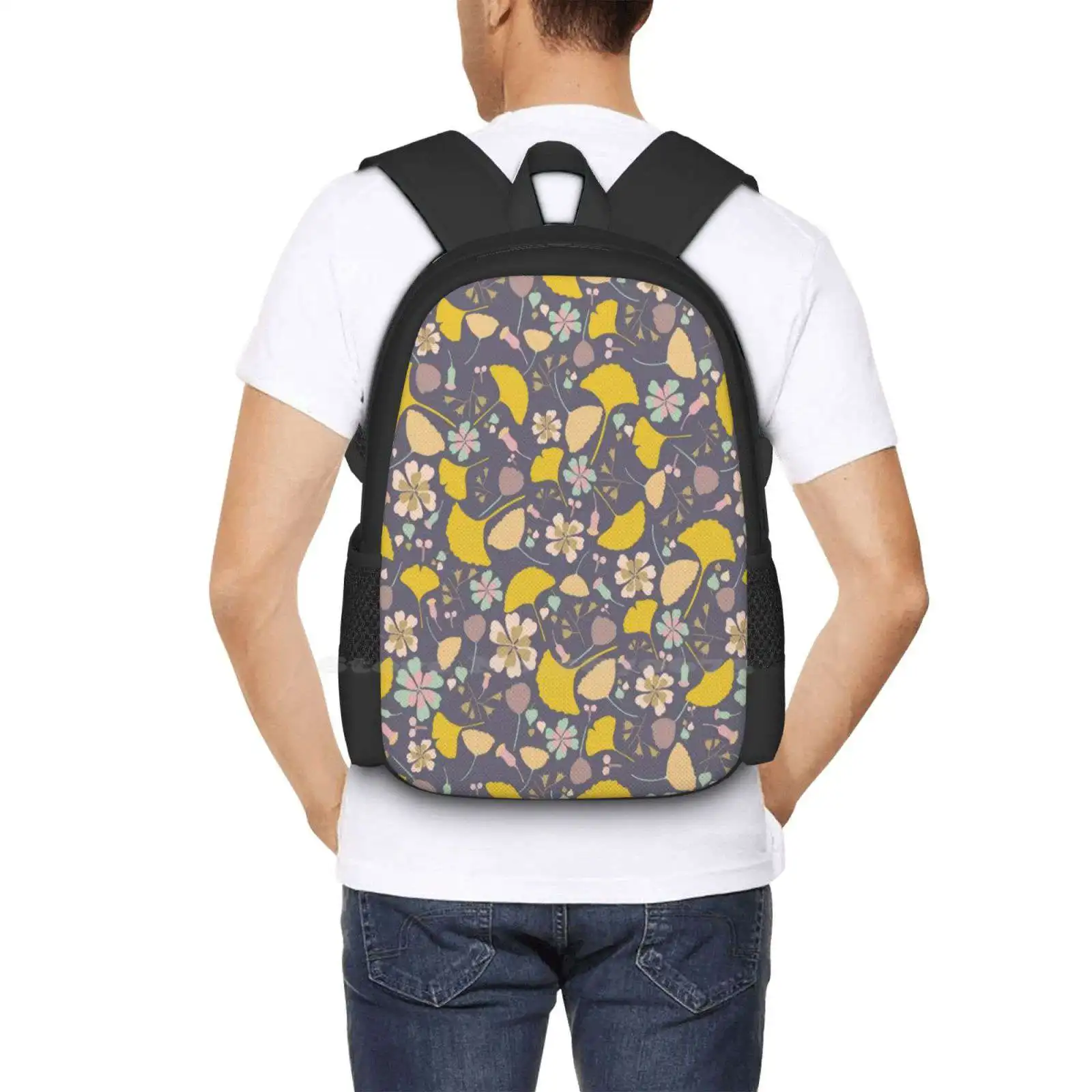 Gingko Love Pattern Design Bagpack School Bags Gingko Floral Pattern Leafs Fall Flower Delicate Bright Fun Modern Navy Yellow