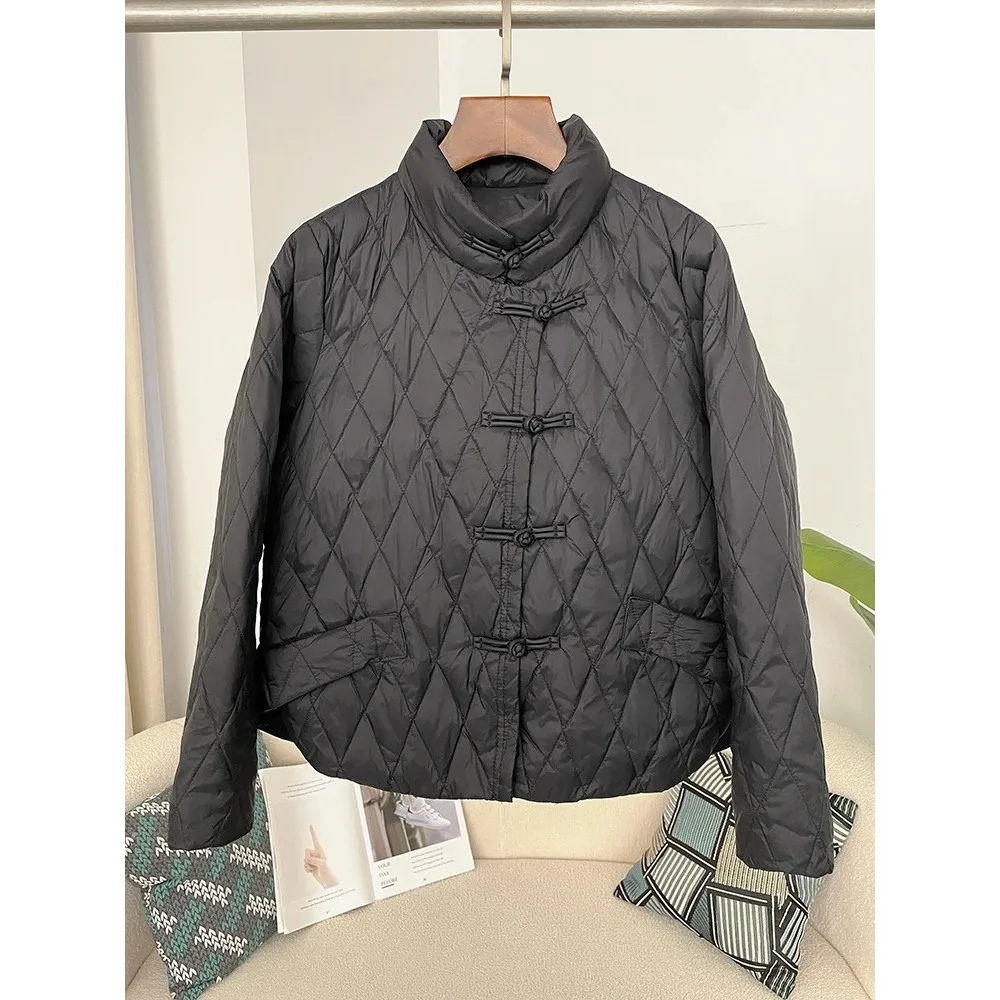 Chinese Style Buckle Fashion 2024 Autumn Winter Thickened Down Jacket Women Casual Loose Warm Jacket 50% White Duck Down