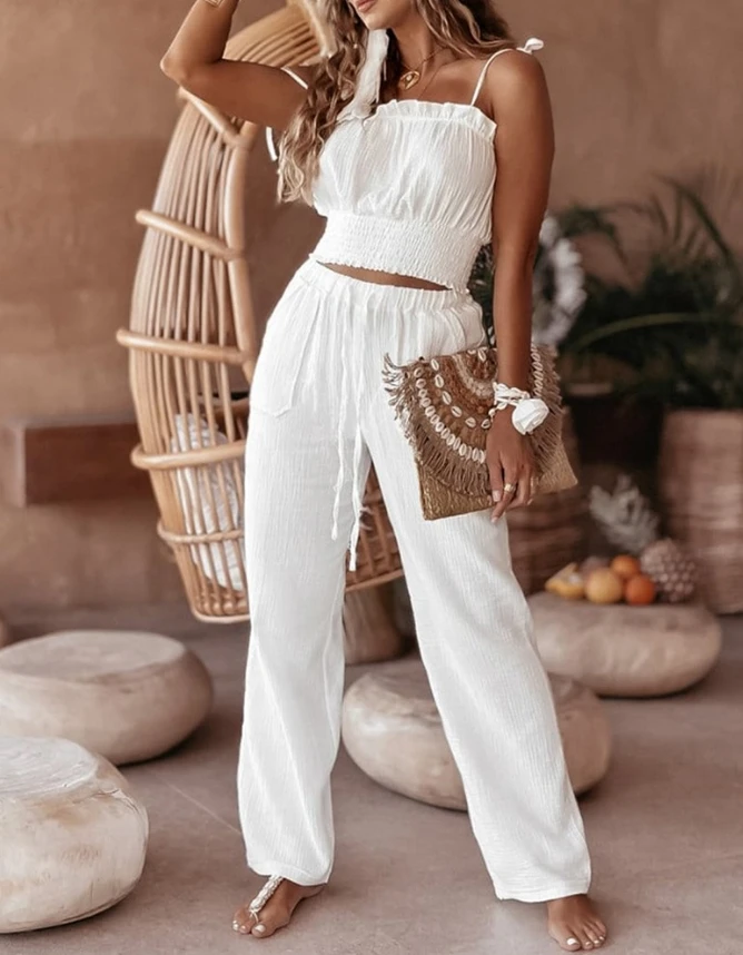 

Two Piece Set Women Outfit 2024 Summer Fashion Frill Hem Shirred Lace Up Cami Top & Drawstring Pocket Design Daily Pants Set