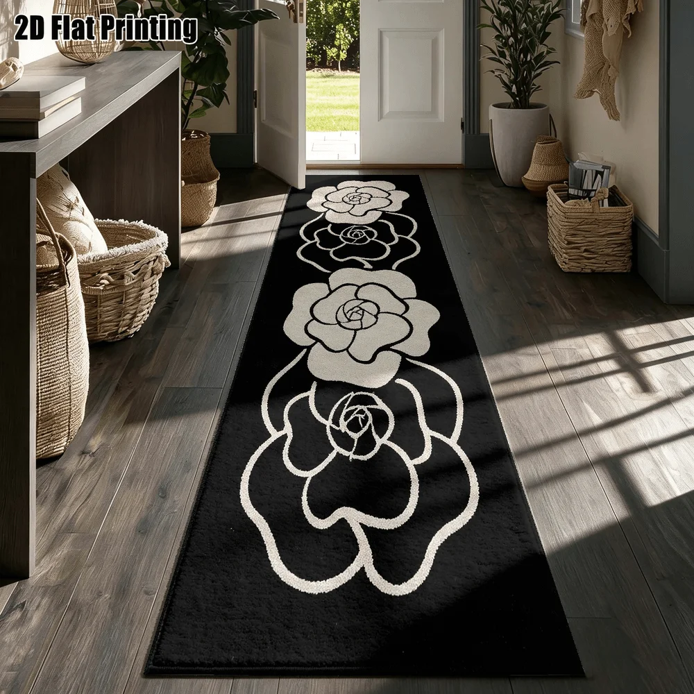 1Pc Modern Minimalist Black and White Camellia Print Long Carpet, Beige Line Floral Corridor Carpet, Suitable for Kitchen, Bedroom, Foyer, Balcony, Entrance, Bedside, High-End Minimalist Home Soft Decoration