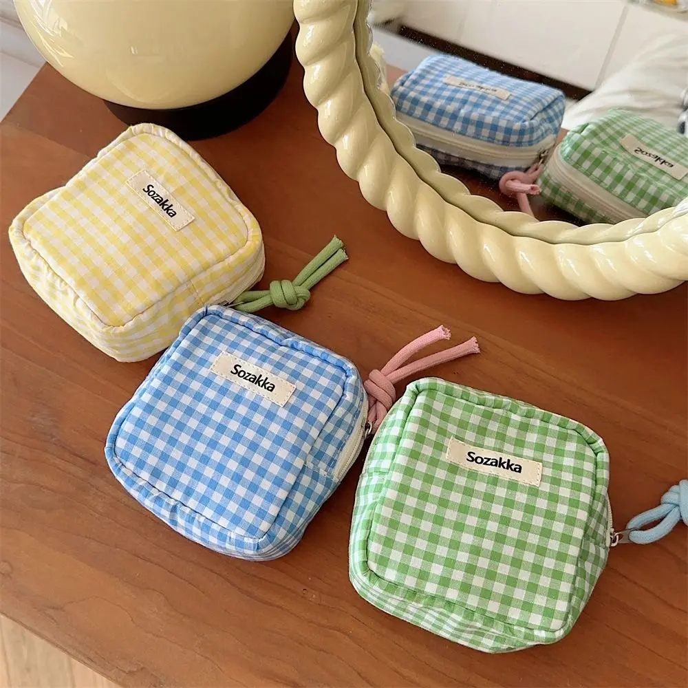 Plaid Mini Square Bag Portable Large Capacity Adorable Sanitary Napkin Storage Bag Multifunctional Candy Color Purse