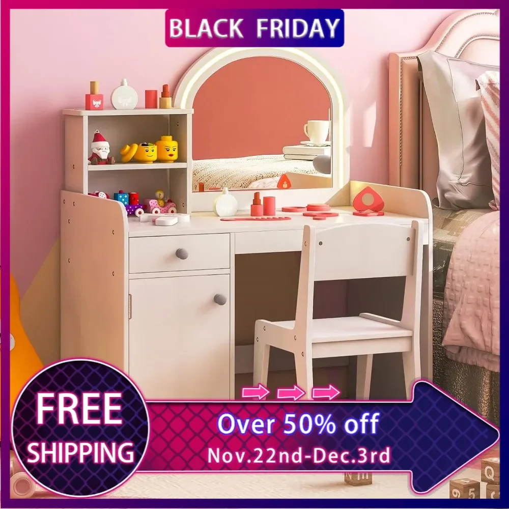 Kids Vanity with Lights, 2 in 1 Princess Makeup Desk & Chair Set with Lighted Mirror, Drawer, Storage Shelves & Cabinet