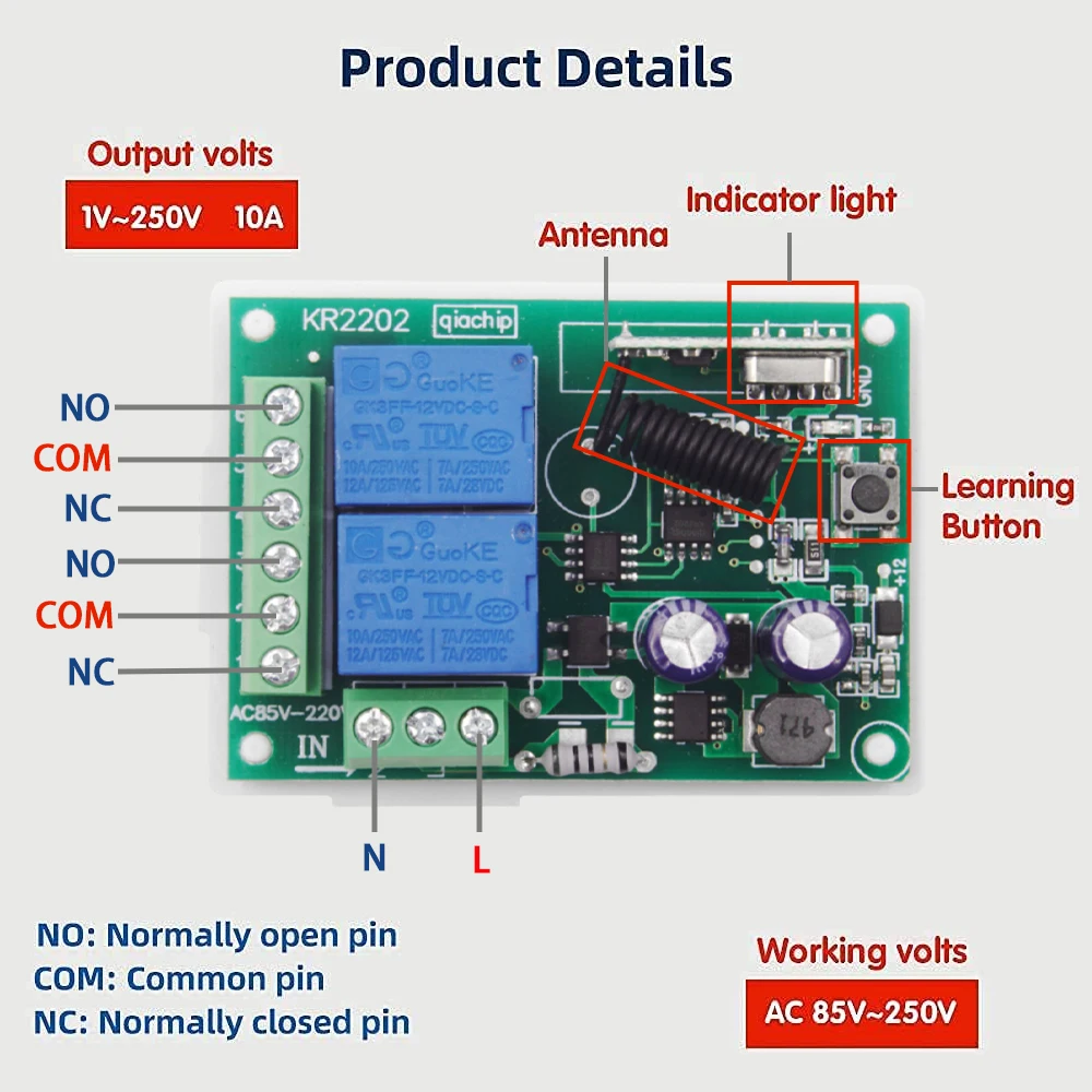 CENFAYA  AC 110V 120V 240V Radio Control Switch 2 Channels 433Mhz RF Wireless Relay Receiver Board and 2 Transmitters 4 Button