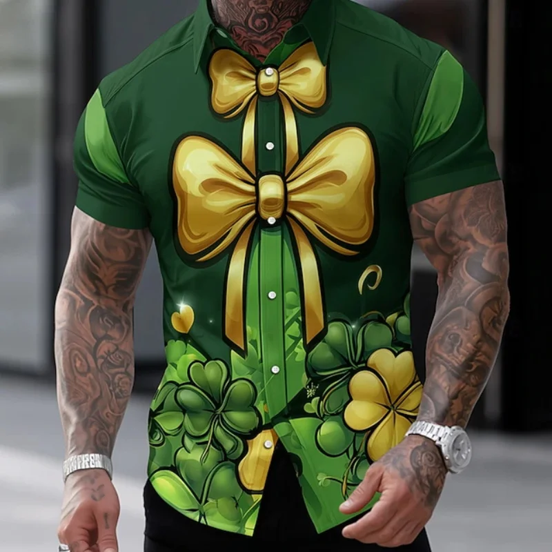 

Men's Four Leaf Clover Shamrock Faux Collar And Suit Design St. Patrick's Day Hawaiian Shirt Button Up Short Sleeve Party Shirt