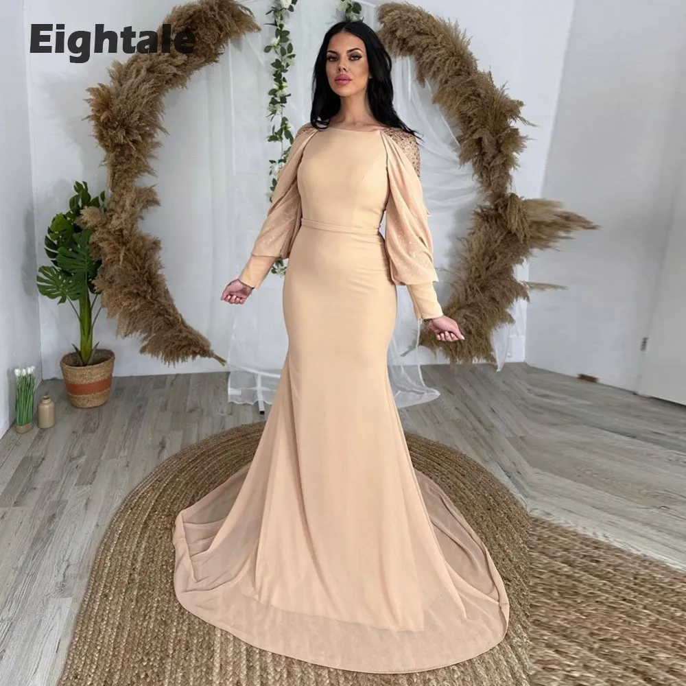 

Eightale Arabic Evening Dress New O-Neck Shiny Long Sleeves Mermaid Prom Party Dress Celebrity Gown Champagne robes de soirée