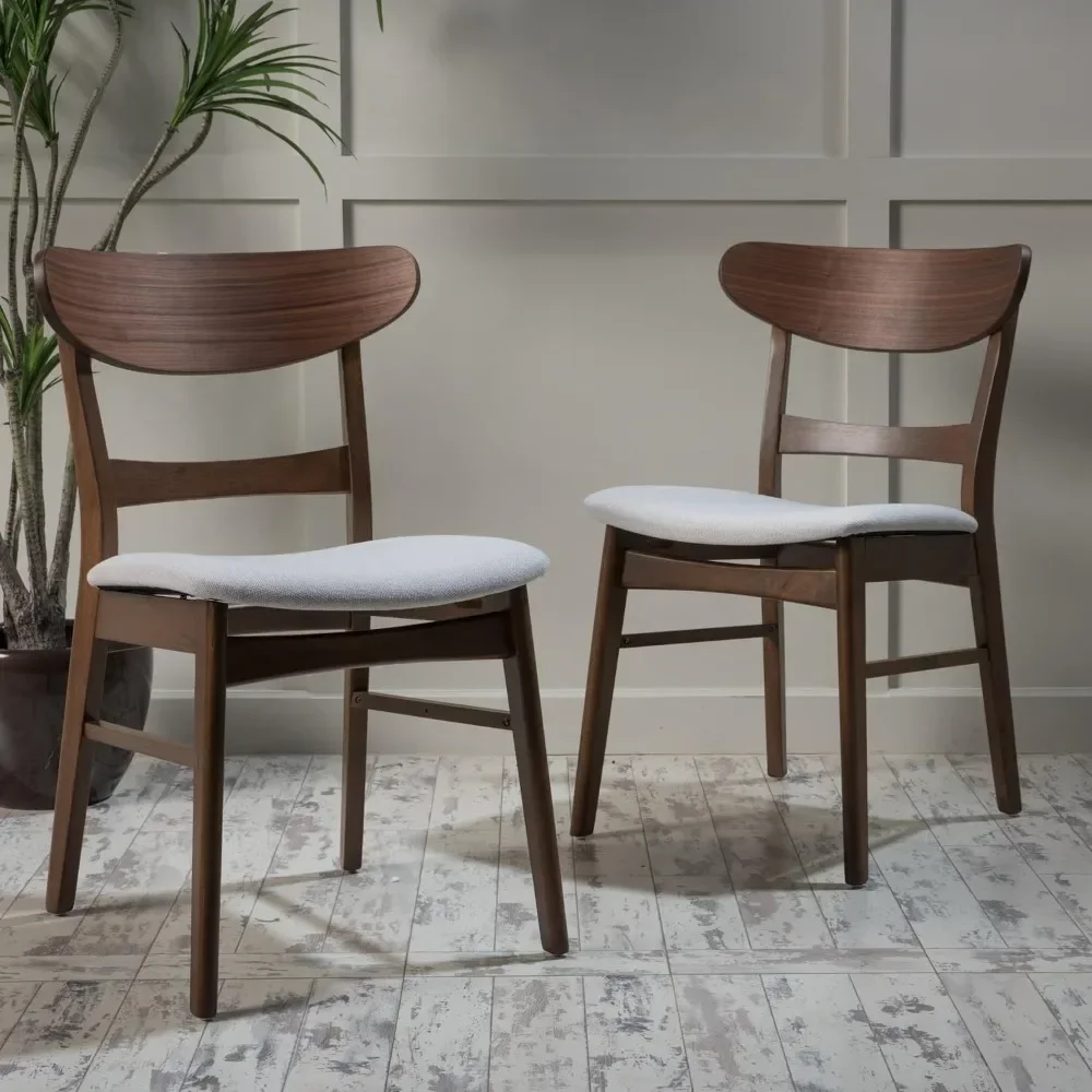 Dining Chairs, 2-Pcs Set, Rubber Wood, Light Beige / Walnut Finish