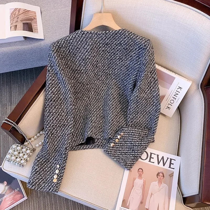Grey coarse tweed round neck jacket 2026 new spring and autumn small fragrant style long sleeved top