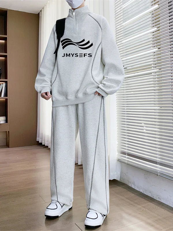 

Casual Sportswear f Zip Hoodie Set Men's Long Sve Stand Collar Trendy Two-Piece Autumn Outfit Cotton Polyester Blend