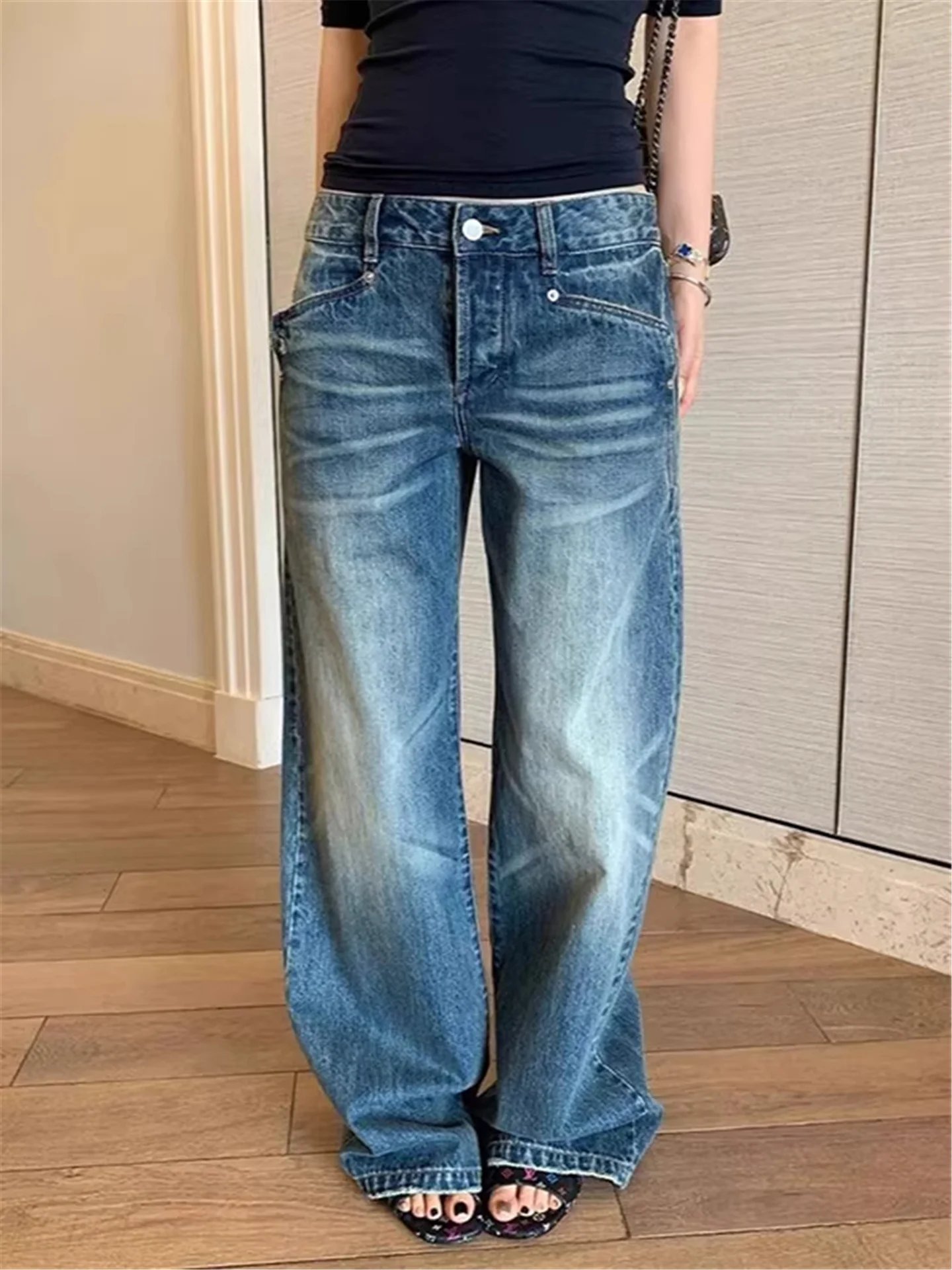 

American Vintage Low Waist Straight Leg Jeans Women's Loose Slim Fit Narrow Version Wide Leg Pants Casual Cotton Denim