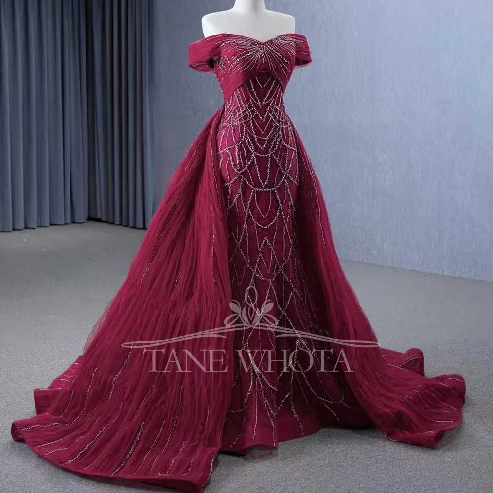 

Женское вечернее платье винного цвета с открытыми плечами, расшитое бисером, с вырезом в форме сердца, на шнуровке сзади, со съемным шлейфом, для вечерних мероприятий