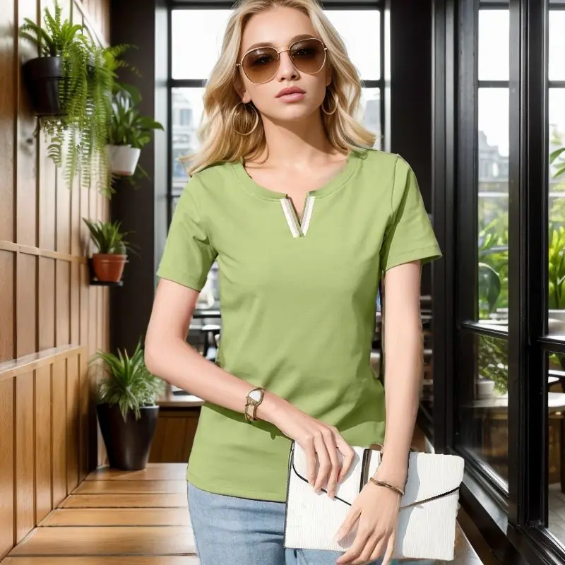 2024 V Neck 100% Cotton T Shirt Women Summer Fashion Short-Sleeve Tops Women Plus Size T-shirt Loose Korean Style Female Blouse