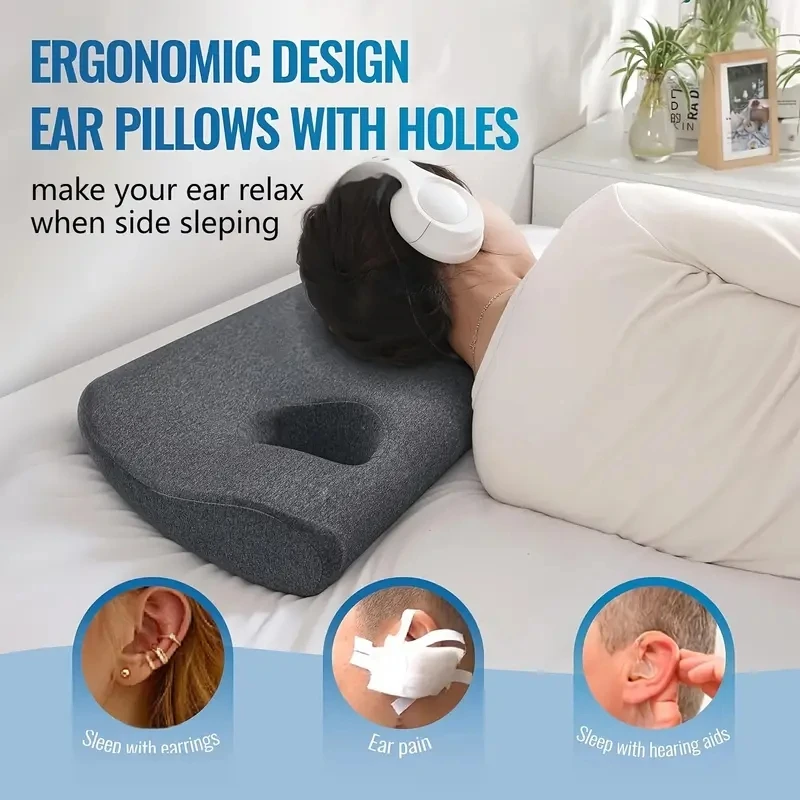 Ergonomic Noise-proof Headset Hole Pillow Memory Foam Pillow Release Ears Pain Pillow with Hole forSide Sleeper