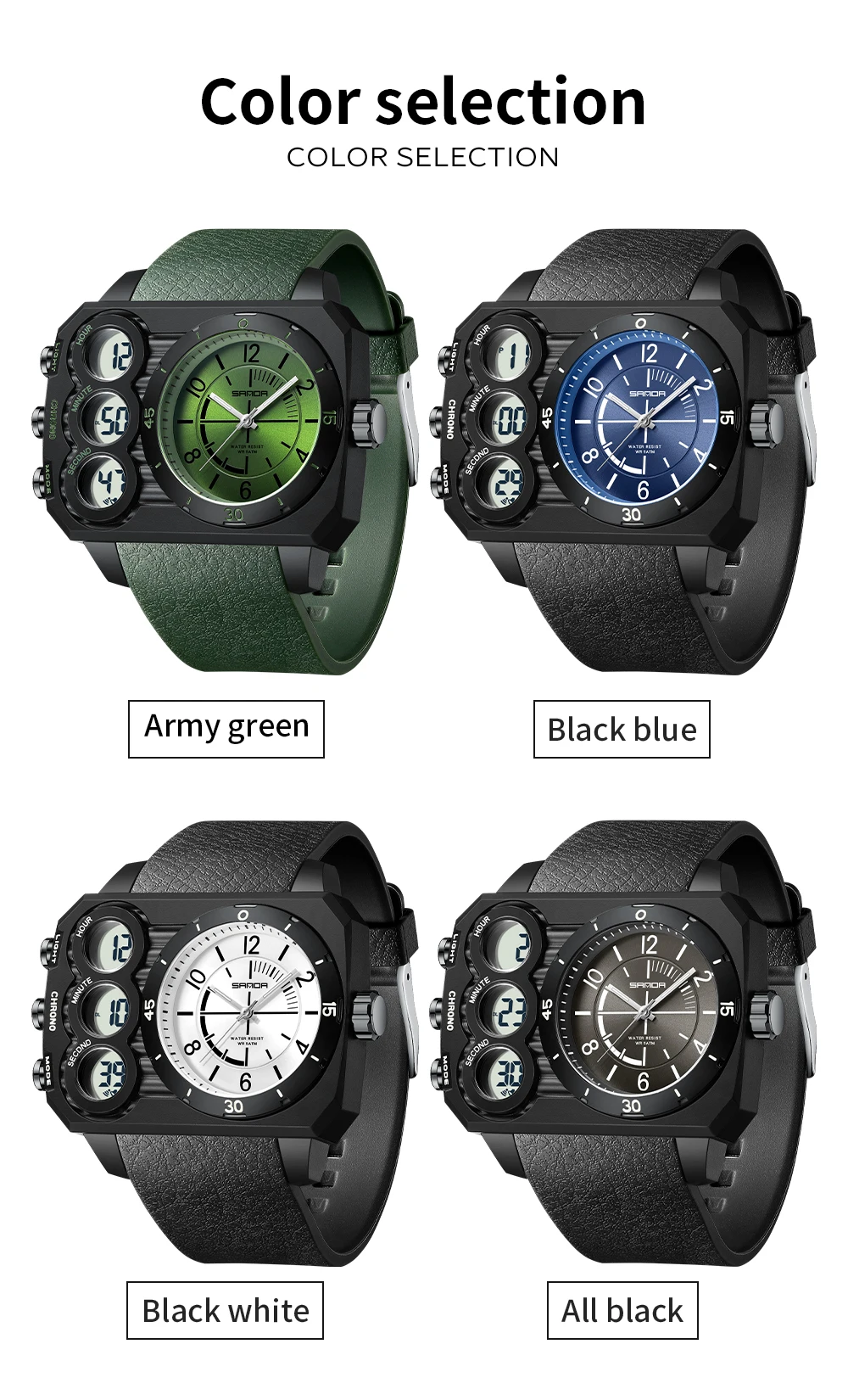 SANDA 6237 Men\'s Electronic Watch Fashion Sports Waterproof Luminous Creative Large Dial Calendar Cool Digital Watches for Men