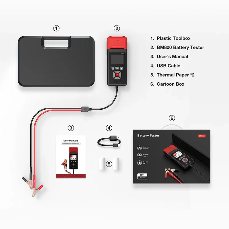 BM800 Professional Car Battery Tester 6V/12V/24V Car and Motorcycle Battery Tester With Printer Function  4.9-32V