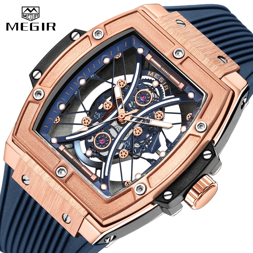 MEGIR Blue Fashion Sport Quartz Analog Watch for Men Tonneau Dial Waterproof Wristwatch with Silicone Strap Luminous Hands Date
