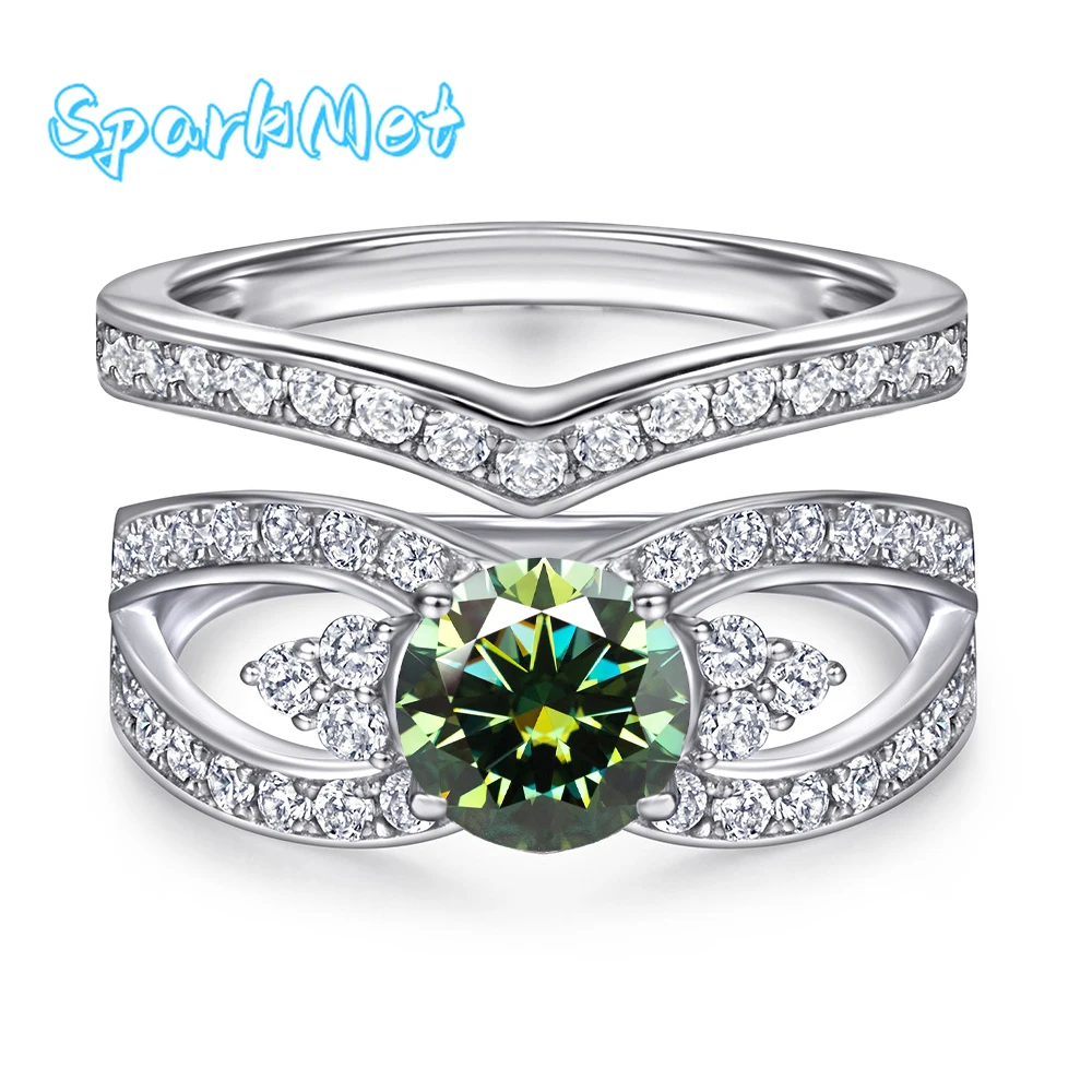

SparkMet 100% натуральное двойное кольцо с зеленым муассанитом 1 карат и сертификатом, пройденный тест на бриллианты, женские кольца, ювелирные изделия, подарок, серебро S925