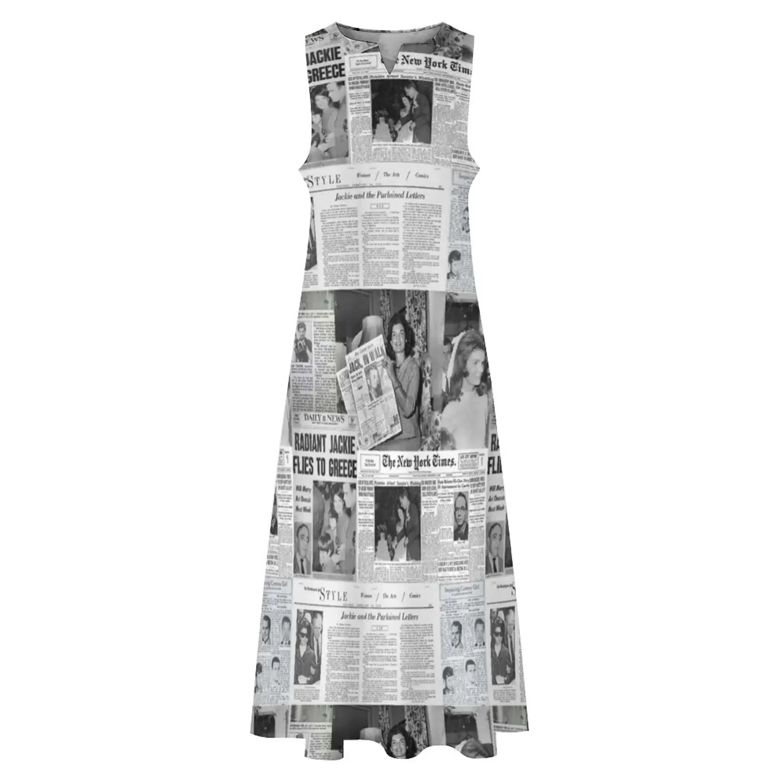 Newspaper Collage Print Dress Women Elegant Maxi Dress Street Style Casual Sleeveless Long Dress Summer V-Neck Pattern Vestidos — zdjęcie 4