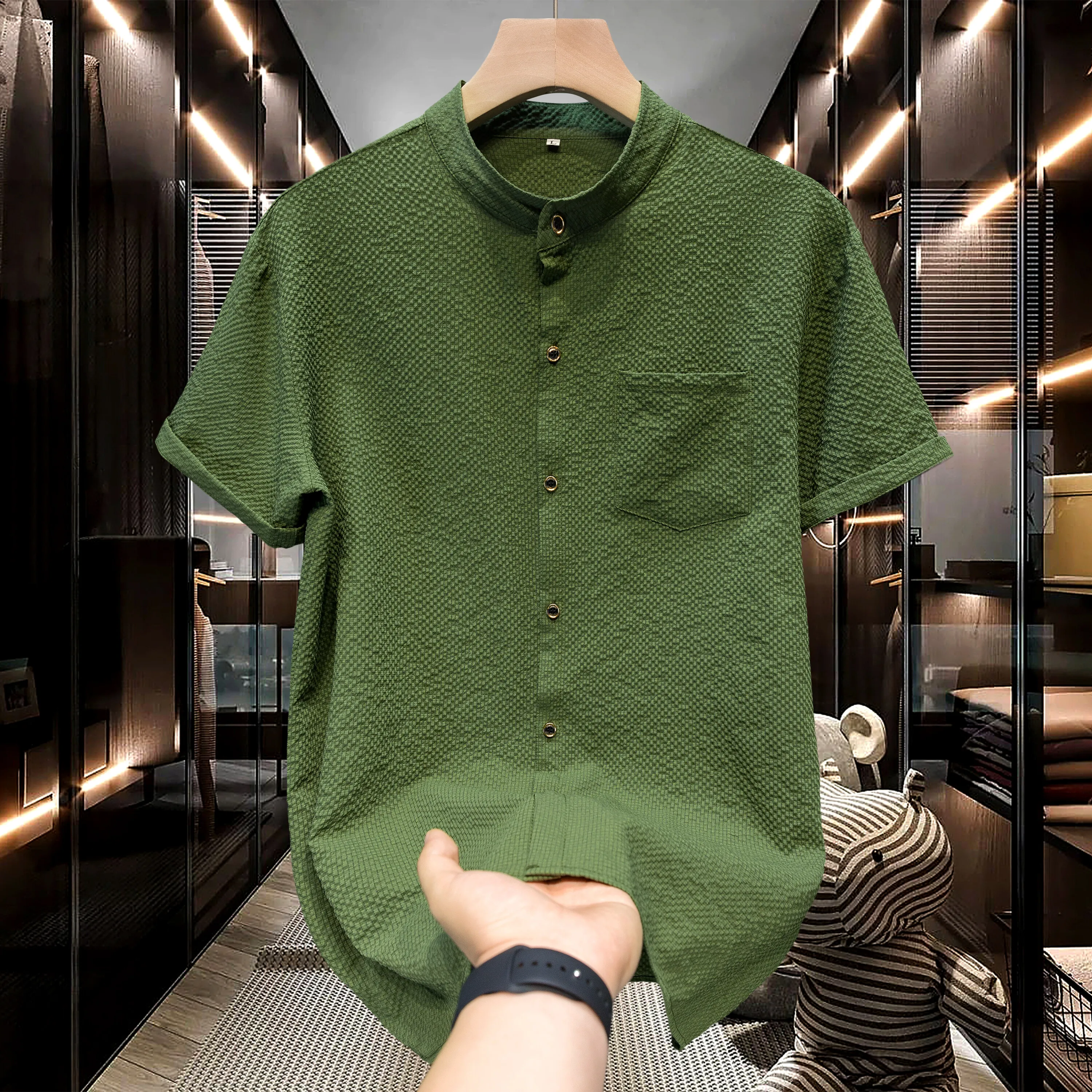 M-5XL الصيف قميص رجالي بأكمام قصيرة مع فقاعة الشاش محكم النسيج رقيقة التجفيف السريع الوقوف طوق قميص بأكمام قصيرة #2