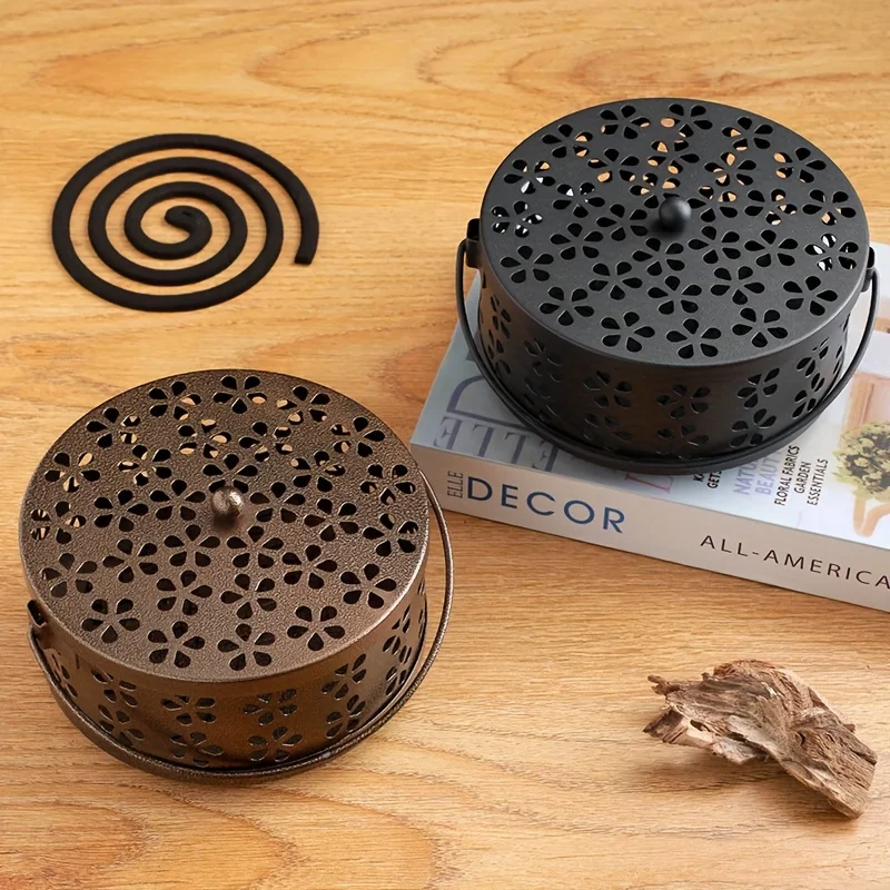 1 piece of retro style portable mosquito coil holder - durable iron hollow incense burner with ergonomic handle