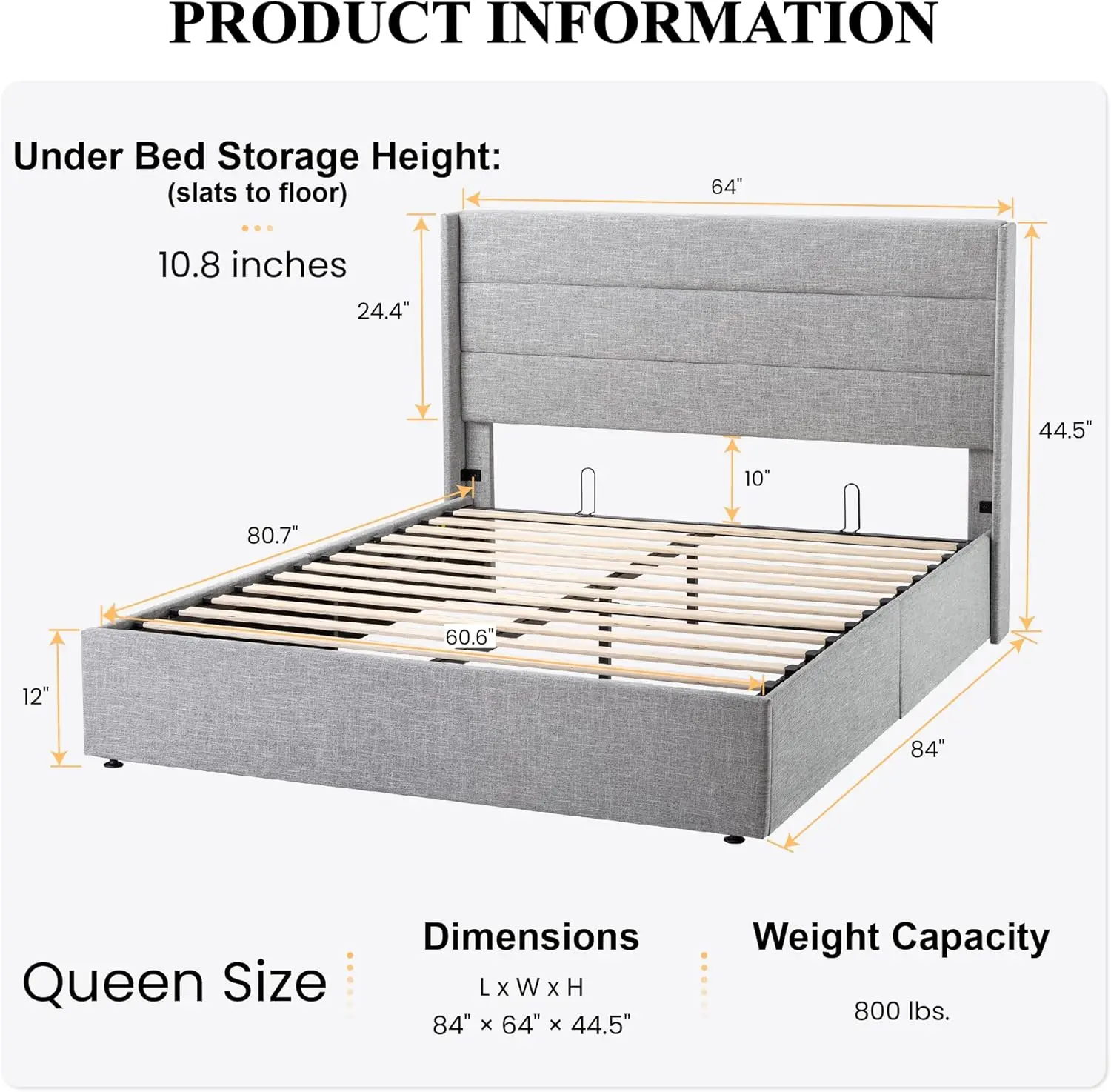 CERLIN Queen Size Lift Up Storage Bed/Modern Wingback Headboard/Upholstered Platform Bed Frame/Hydraulic Storage/No Box Spring N