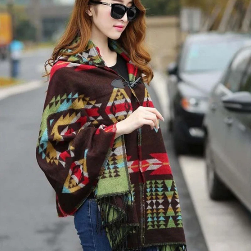 Spring Autumn Women Hooded Poncho Cape Cloak Fringed Tassel Shawl Wrap Sweater Bohemian Style Shawl Scarf Coat