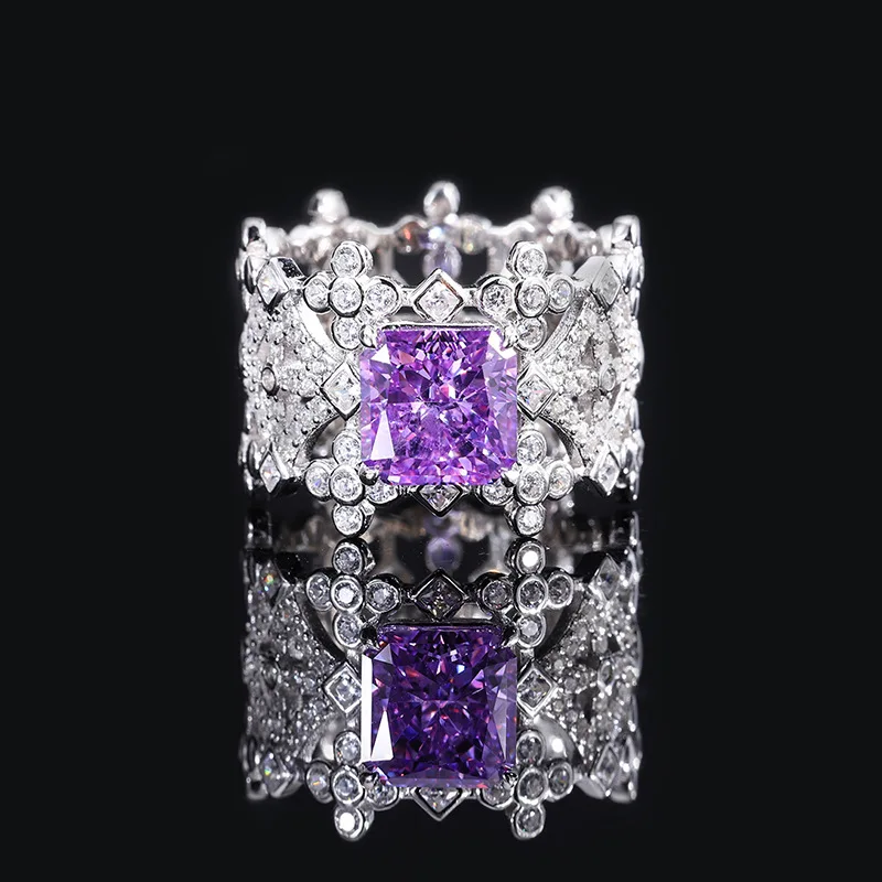 S925 all body silver dithering pitch carbon diamond hollow inlaid diamond women's ring main stone 8 * 8