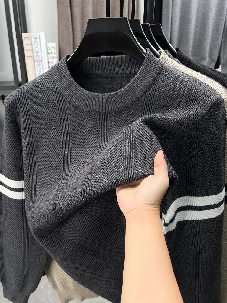 

Fashion jacquard knitted sweater high quality brand striped soft comfort warm pullover new trend casual round neck men's wear