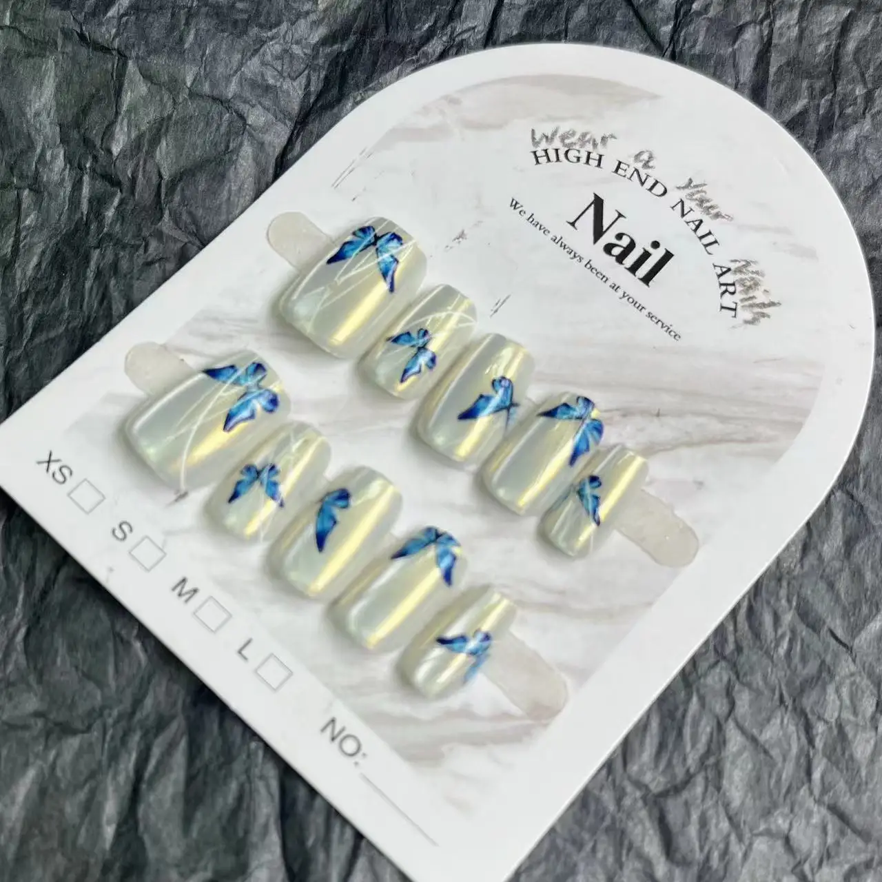 Short Pearl White Cat Eyes False Nails 10pcs Wearable Press on Nails Full Cover Blue Butterfly Design Ballet Artificial Nail Tip