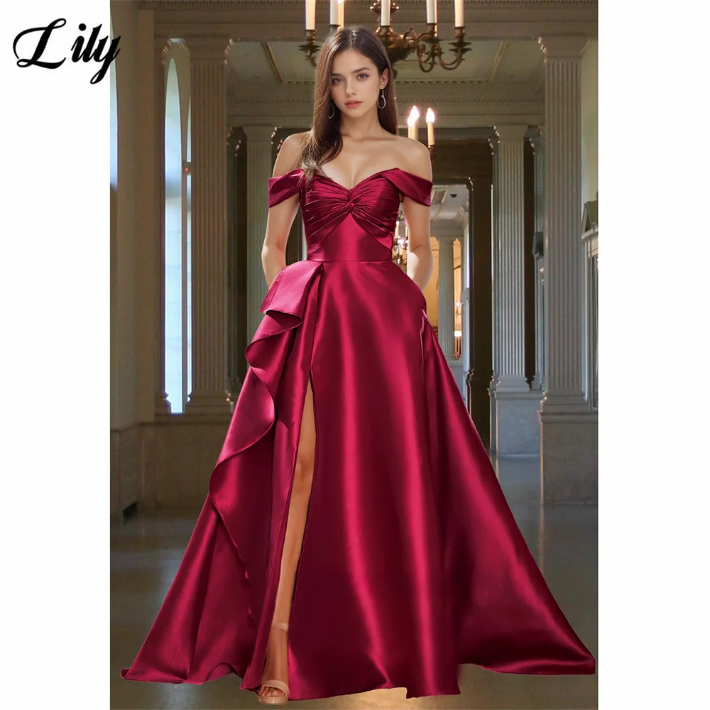 

Lily Burgundy Evening Dresses Off the Shoulder Prom Gown with Lace - Up Back and Ruffled Formal Dresses for Woman Customized