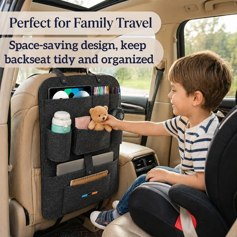 Bolsa de almacenamiento para respaldo de asiento de coche de fieltro gris oscuro, modelo 1, azul, negro y naranja, con diseño diagonal de tres colores, paquete de una unidad, con múltiples bolsillos y para colgar.