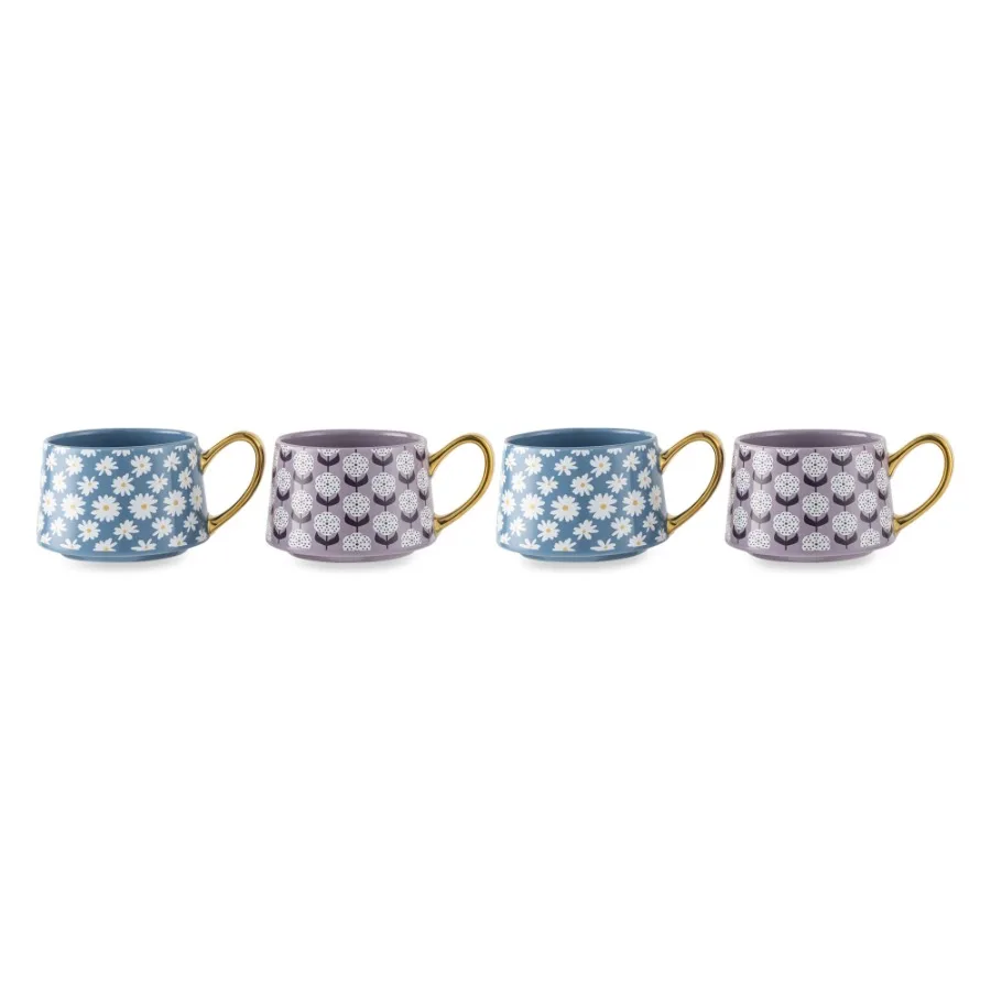Thyme and Table 4 Pack Blue and Purple Daisy Print Teacup Mugs with Gold Handles 11.8 fl oz Stoneware
