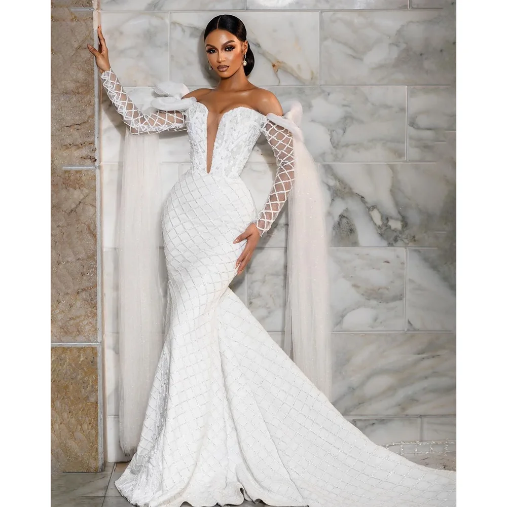 

Criss-Cross Sequined Beads Bride Dress Luxury Sweetheart Pearls Floor Length Mermaid Gowns Elegant Court Train Wedding Dress