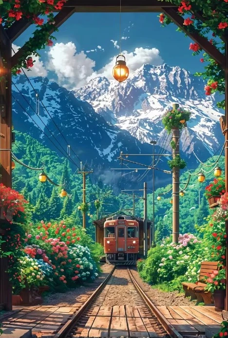 Jigsaw Puzzle 500/1000/1200/2000PCS Vintage Spring Train Flower Field Rural Landscape No Frame DIY Assembly Art Home Decor Gift