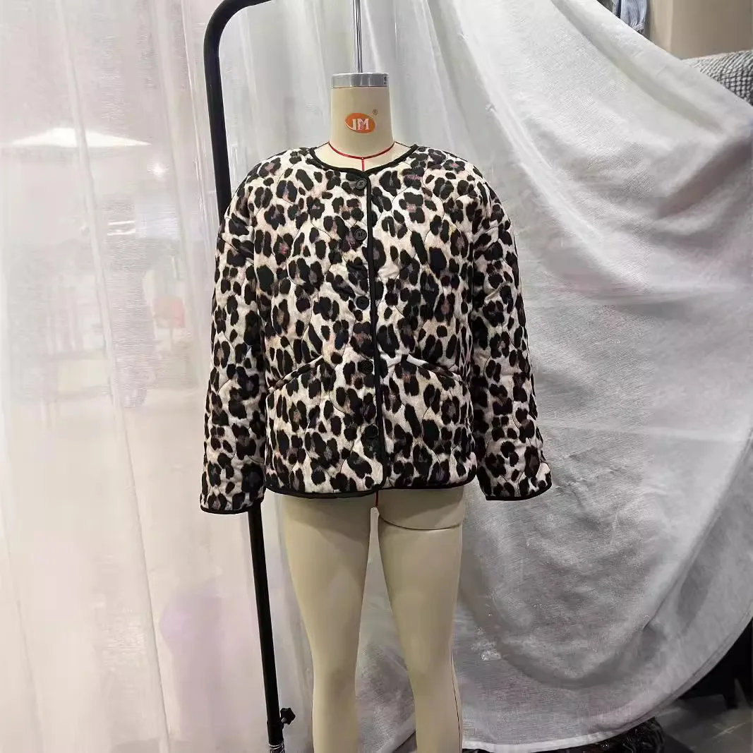 

Женская хлопковая куртка в европейском и американском стиле с леопардовым принтом, брюки с круглым вырезом и карманами, зимняя новинка, оптовая продажа