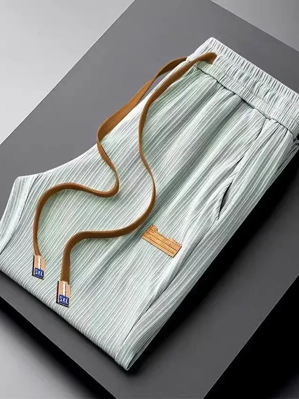 

Casual Ice Silk Men's Sport Pants Summer Thin Straight Leg Loose Fit Long Trousers Qui Dry Elastic Waist Daily Wear