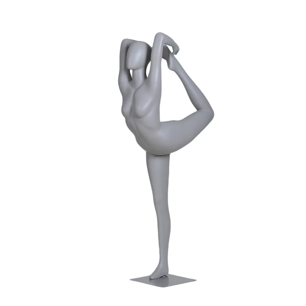 Dynamic Yoga Pose Fiberglass Female Model, Head Full Body Display Stand Yoga Clothing Sportswear Grey Painted