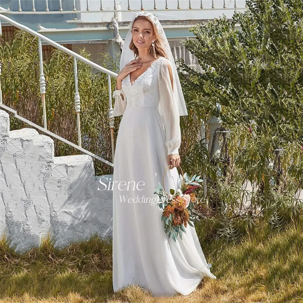 Sirene-Robe de mariée en mousseline de soie avec appliques en dentelle simple, col en V élégant, manches longues A-Line, longueur au sol, vêtements éducatifs pour les patients