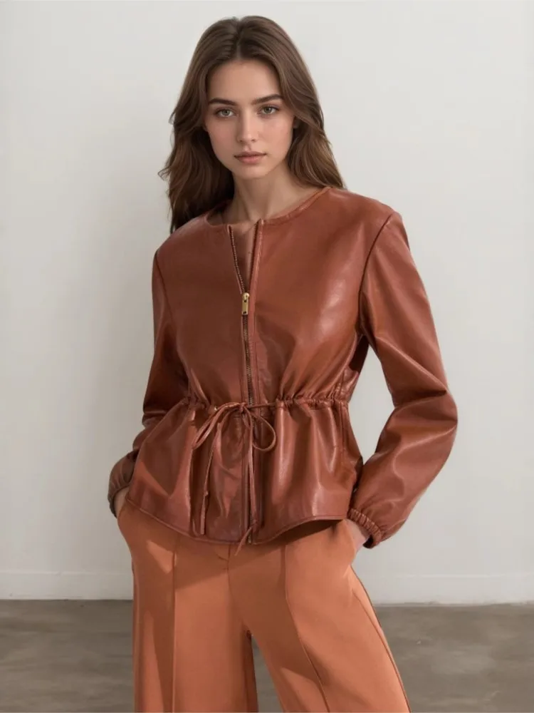 

Осеннее пальто из искусственной кожи, женские плиссированные модные повседневные женские укороченные кожаные куртки с тонкой талией, свободные женские пальто в корейском стиле