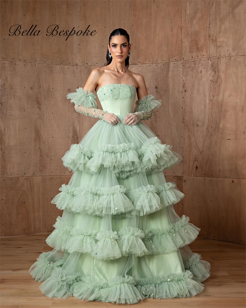 

Elegant Mint Green Strapless Evening Dress with Tired Saudi Arabic for Women Wedding Dress Gown With Gloves Ruffles Customized