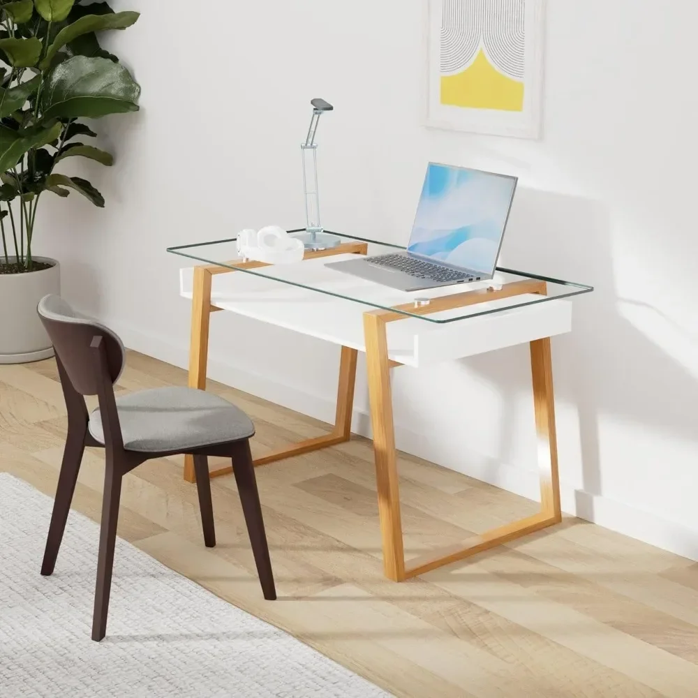 Modern Computer Desk for Small Spaces, Living Room, Office and Bedroom - Study Table w/Glass Top and Shelf Space