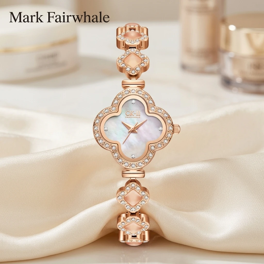 Mark Fairwhale Elegant Ladies Quartz Watch Four-leaf Clover Case MOP Dial Sparkling Crystal Chain Strap Female Wrist Watch