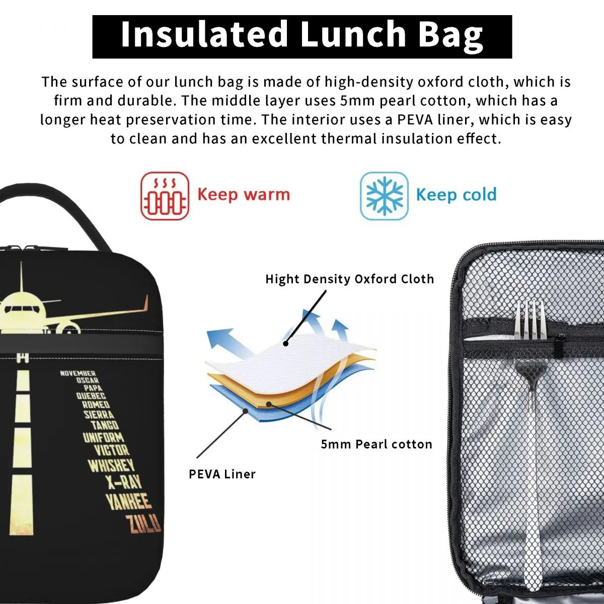 Airplane Airstrip Phonetic Alphabet Insulated Lunch Bag for Women Children Leakproof Food Boxes Thermal Lunch Box Tote