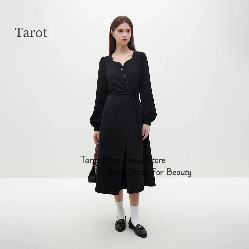 

Tarot A Line Pleated Ruffles Dubai Evening Dresses Squar Collar Long Sleeves Simple Prom Dress Tea Length robes de soirée