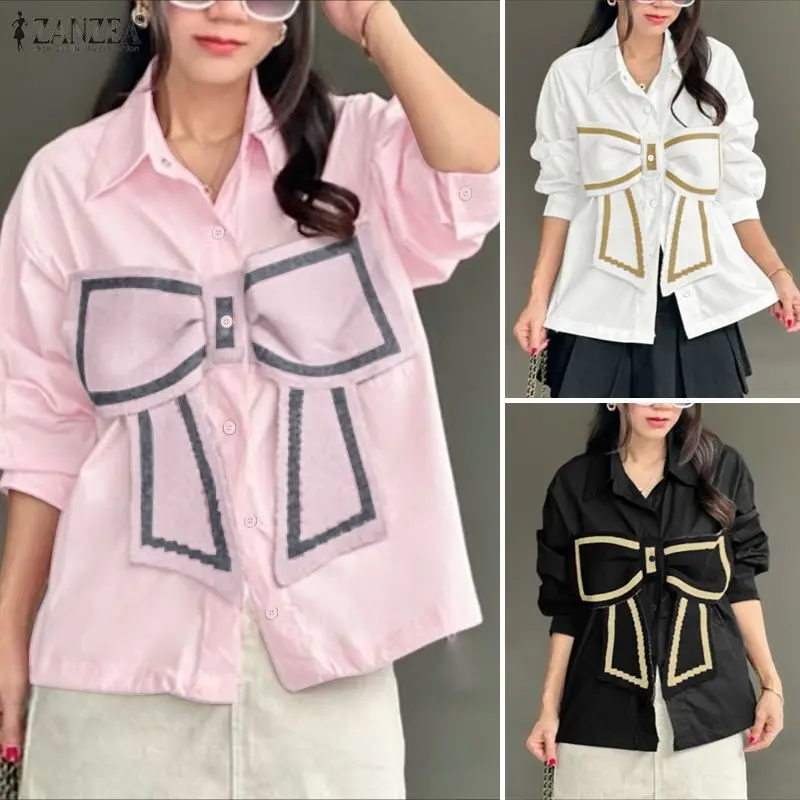 

ZANZEA 2026, модные женские рубашки с большим бантом, блузка с длинным рукавом, весенне-осенняя повседневная туника, топы, элегантные офисные женские Blusas Femininas