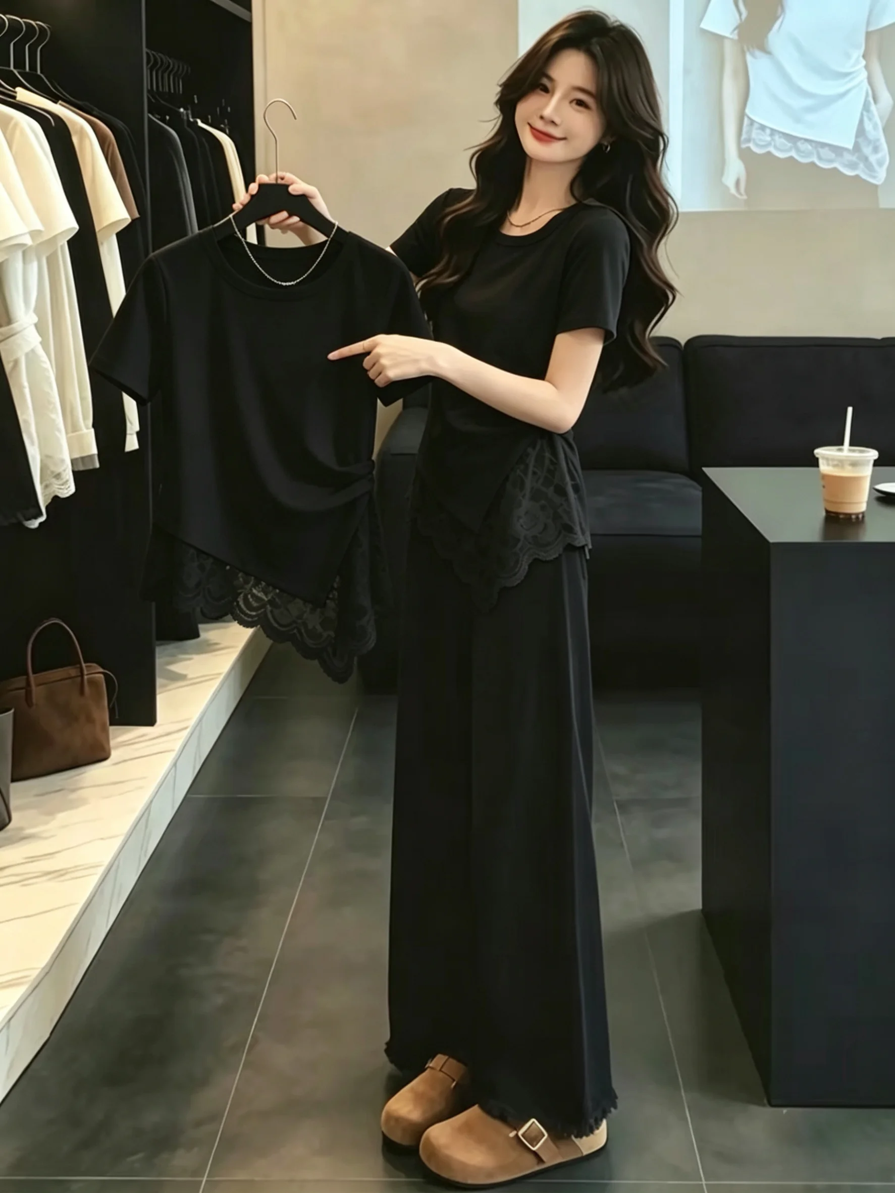 Summer Short Sleeve T-Shirt Women's Lace Splicing Slim Fit Shoulder Appropriate Cotton 95% Elastic Fiber Casual Top