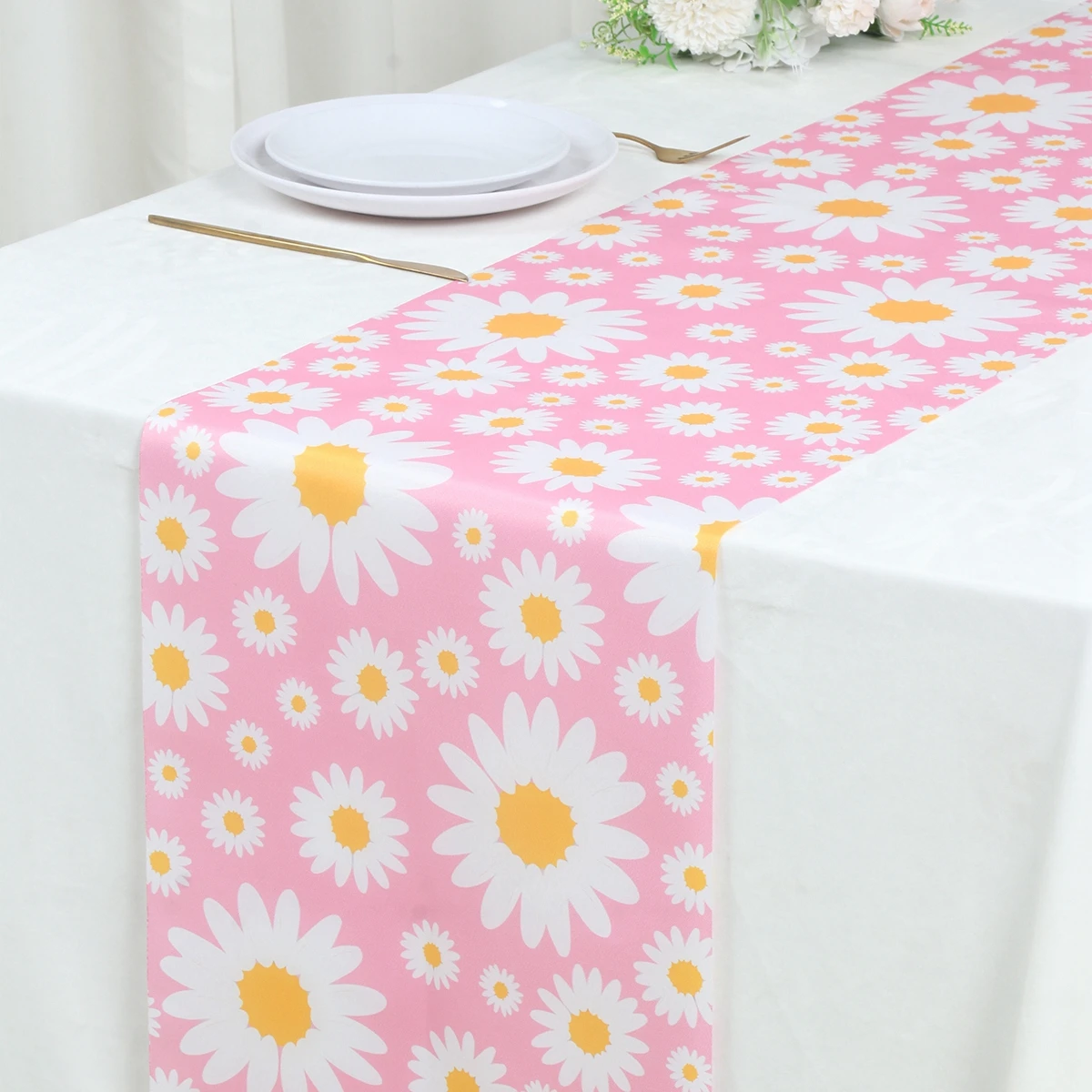 Pink Yellow Daisies Watercolor Table Runner Wedding Decoration Cloth Dining Decor Coffee Table Runners Washable Dining Long Clot