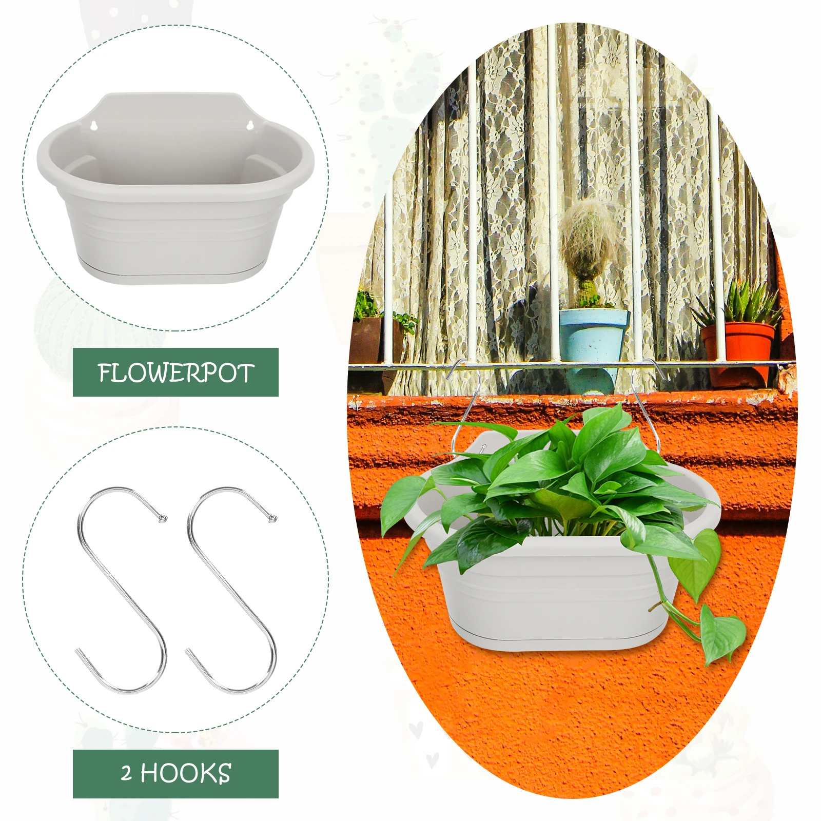 

Hanging Flower Pot Set Balcony Chlorophytum Planting Pots Beige Resin WallMounted Garden Planter Cement Color 2 Hooks Plant